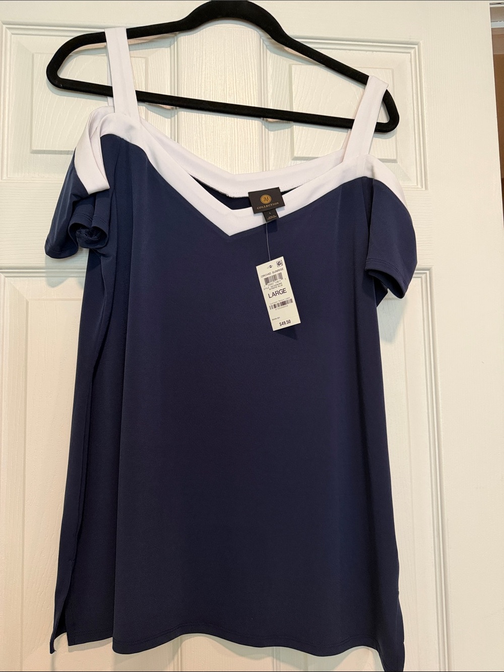 JM Collection Navy Cold-Shoulder Tank with White Trim